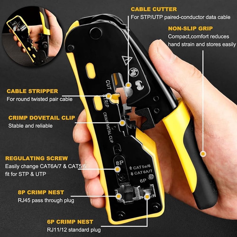 RJ45 Crimp Tool Through Grade Ethernet Crimper Ratcheting Modular Data Cable Crimper for Cat5 Cat6 Cat6a Network Plugs