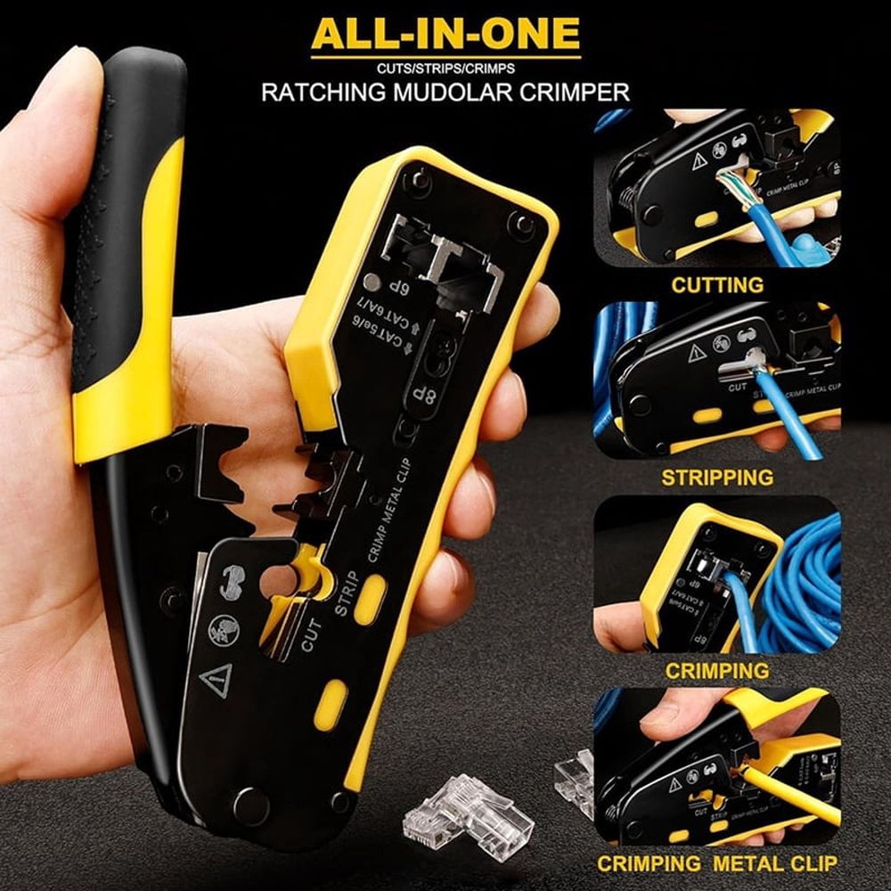 RJ45 Crimp Tool Through Grade Ethernet Crimper Ratcheting Modular Data Cable Crimper for Cat5 Cat6 Cat6a Network Plugs