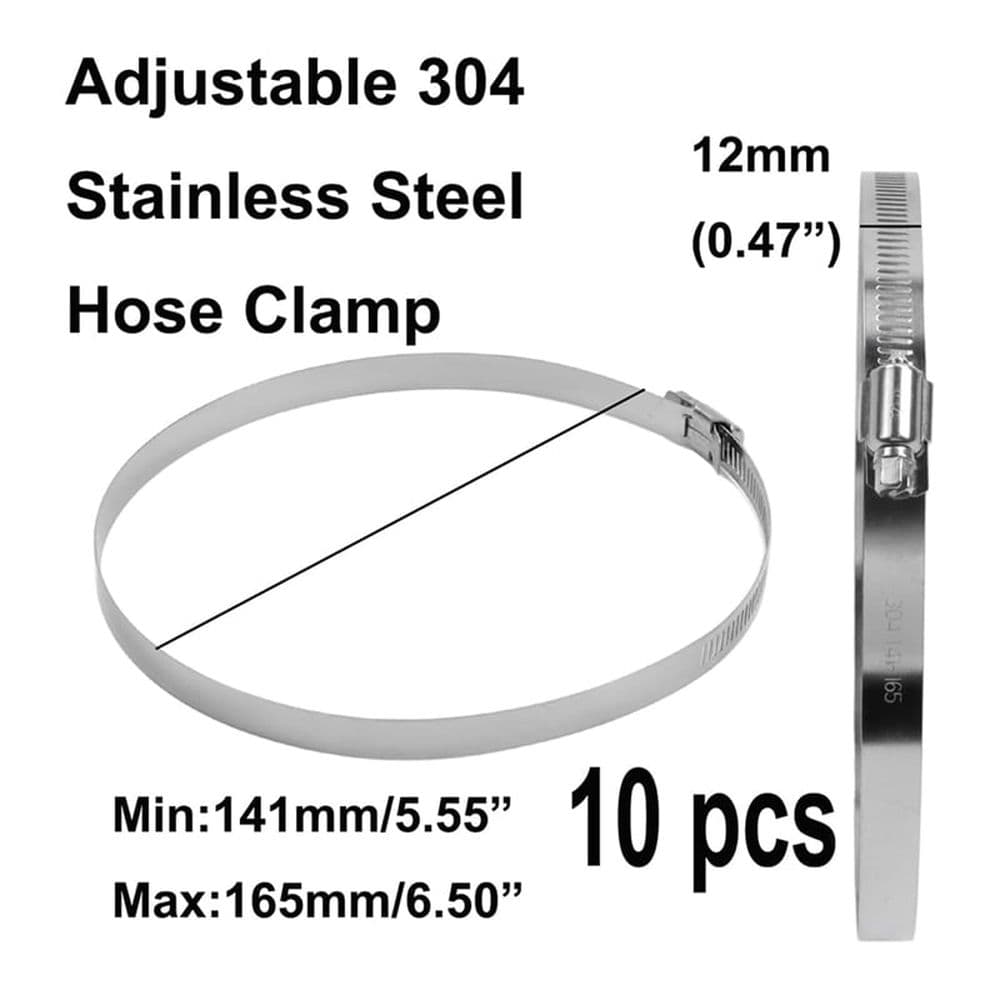 Hose Clamp Adjustable 6 Inch 304 Stainless Steel Worm Gear Silver 10 Pack