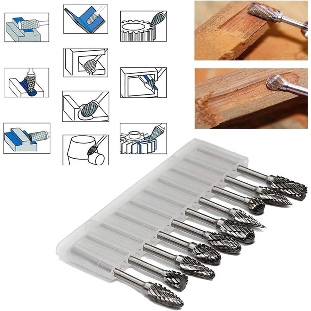 Carbide Burr Set 10Pcs Die Grinder Bits Rotary File Rasp for Attachments Cutting Burrs Metal Grinding Engraving Porting