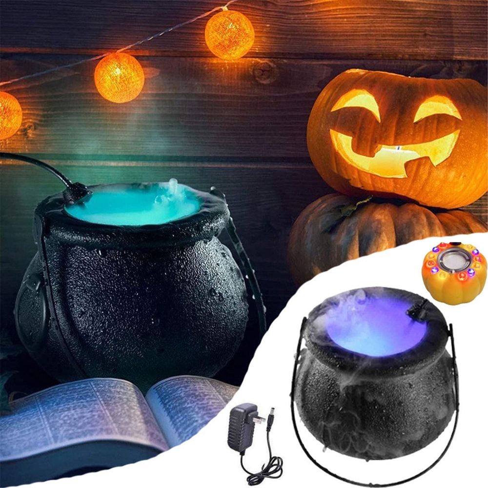 Halloween Mist Maker Fogger, 5.5" Witch Cauldron Kettle with Handle, 12 LED Lights Fog Machine, Atomizer Mini Mister Punch Bowl, Plastic Cauldron Pot for Holidays Outdoor Parties Decoration