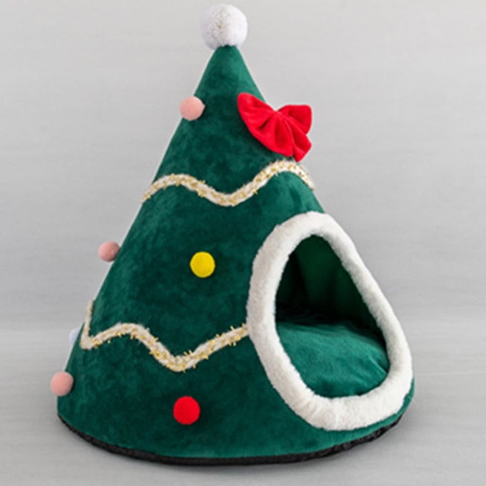 Christmas Tree Dog House, Cozy Dog Cave Pet Sleeping Bed Puppy Tent with Removable Cushion, Pets Bed for Medium Dogs Cats Xmas Decoration, (Green, M Size 17.71in)
