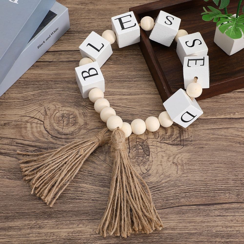 Wooden Blessed Bead Garland with Tassels, Decorative Wood Beads for Home Decor, Tabletop, Coffee Table, Shelf