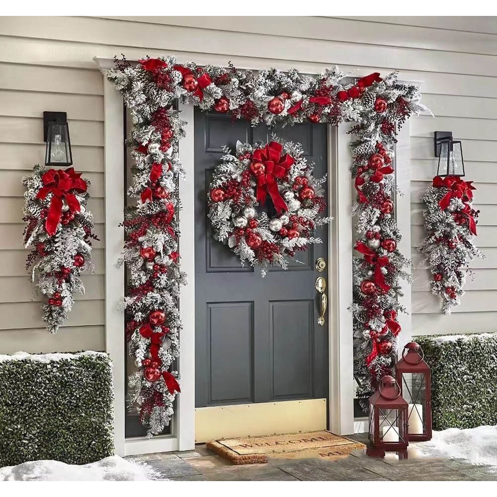 Red and White Flocking Holiday Wreath, swag, Garland, Christmas Wreath for Front Door - Xmas Cordless Wall Hanging Garland Trim for Indoor and Outdoor Decor