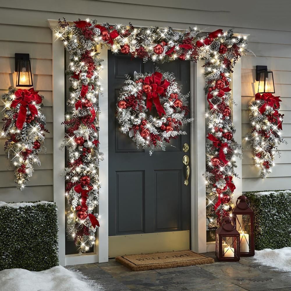Red and White Flocking Holiday Wreath, swag, Garland, Christmas Wreath for Front Door - Xmas Cordless Wall Hanging Garland Trim for Indoor and Outdoor Decor