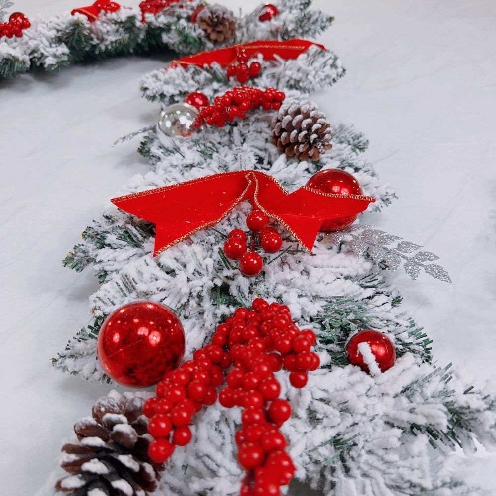 Red and White Flocking Holiday Wreath, swag, Garland, Christmas Wreath for Front Door - Xmas Cordless Wall Hanging Garland Trim for Indoor and Outdoor Decor