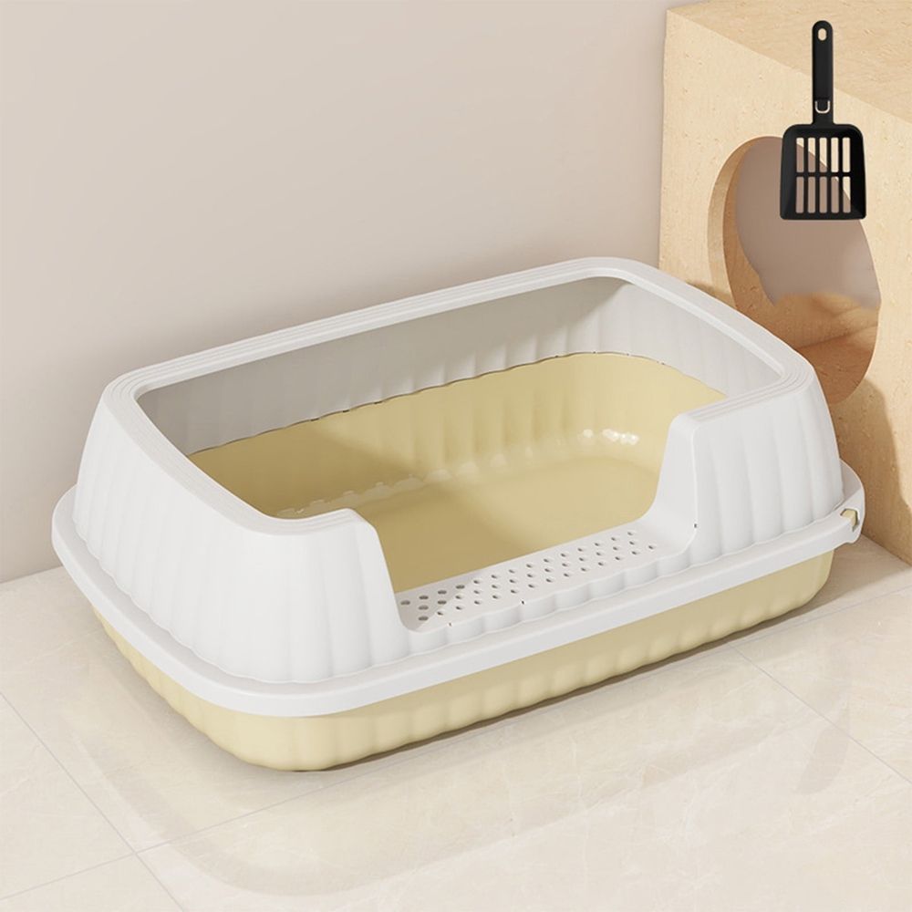 Open Cat Bedpan with Spoon,Shallow Splash Proof Travel Litter Box with Sand Drop Pedal High Side Low Entrance Cat Toilet Semi-Enclosed Adjustable for Kittens Elderly Cats Disabled Cats