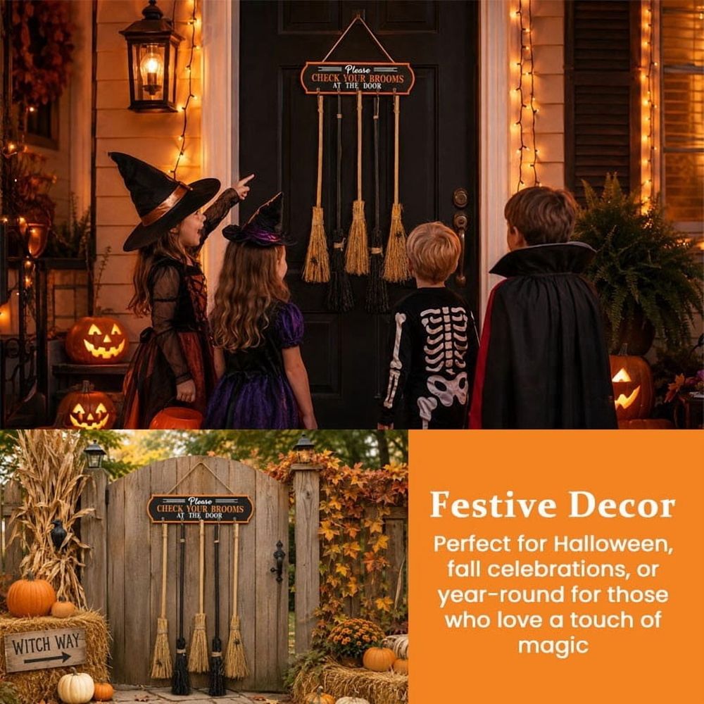 Broom Parking Sign with 3 Witch Brooms – Halloween Decorations Wooden Sign Porch Decor for Indoor Outdoor Door Home Wall Halloween Party