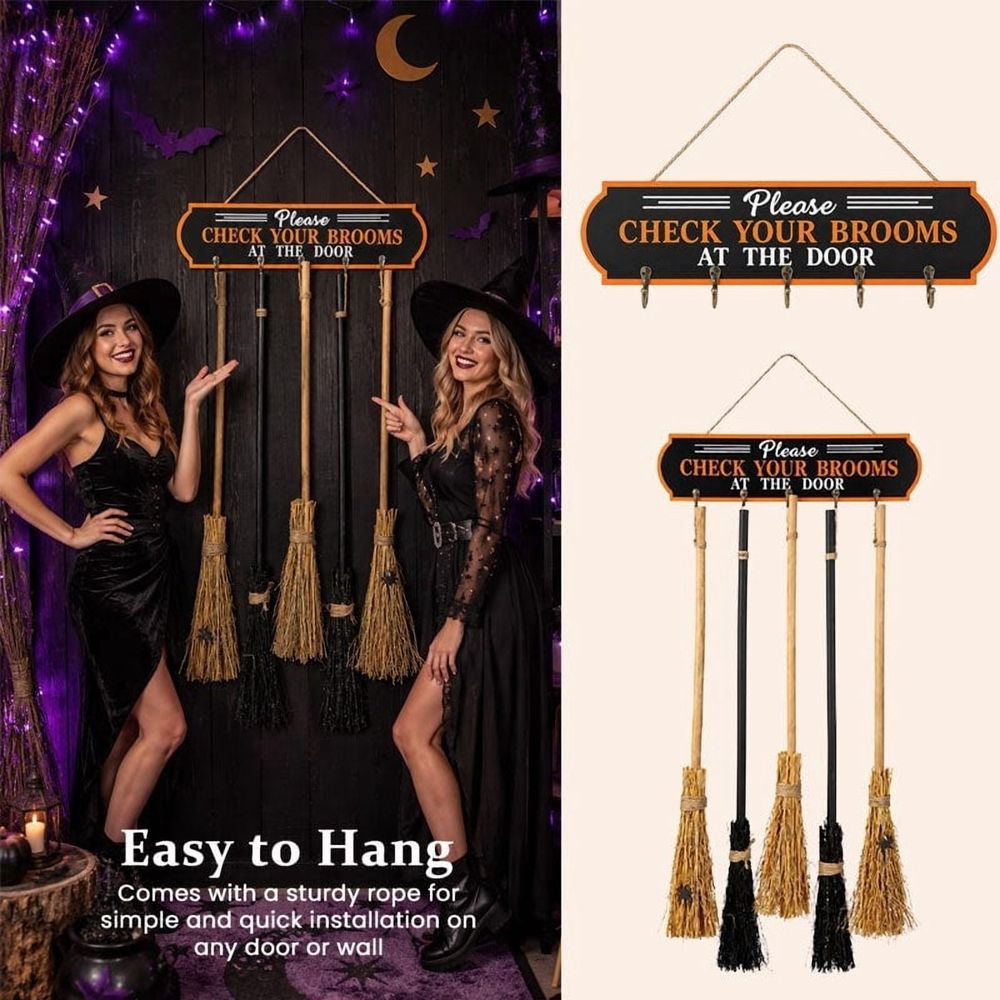 Broom Parking Sign with 3 Witch Brooms – Halloween Decorations Wooden Sign Porch Decor for Indoor Outdoor Door Home Wall Halloween Party