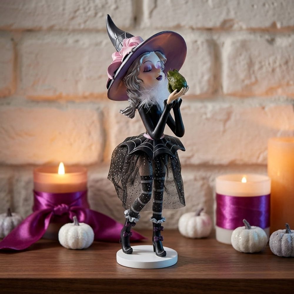 Halloween Witch Kissing Frog Statue, 7.9 Inch Resin Gothic Fantasy Figurine with Glitter Tulle Skirt, Spider Web Dress and Witch Hat, Tabletop Home Decor Accent