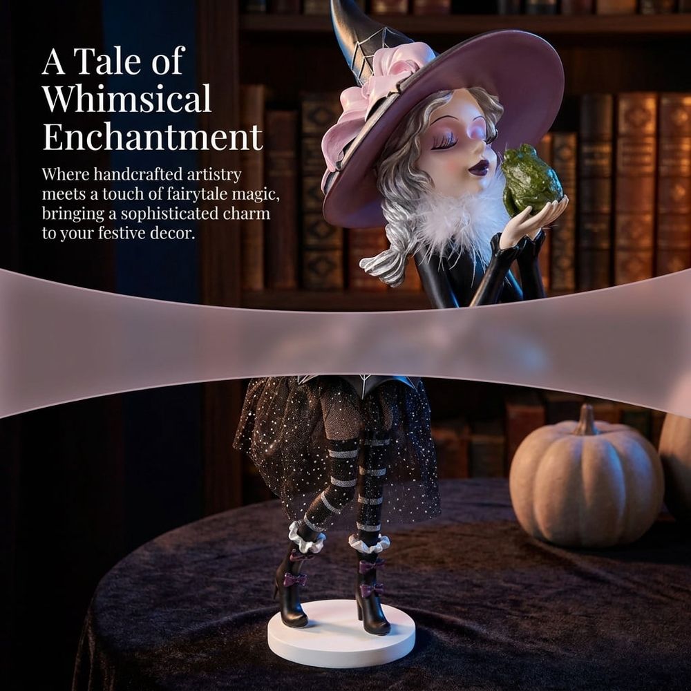 Halloween Witch Kissing Frog Statue, 7.9 Inch Resin Gothic Fantasy Figurine with Glitter Tulle Skirt, Spider Web Dress and Witch Hat, Tabletop Home Decor Accent