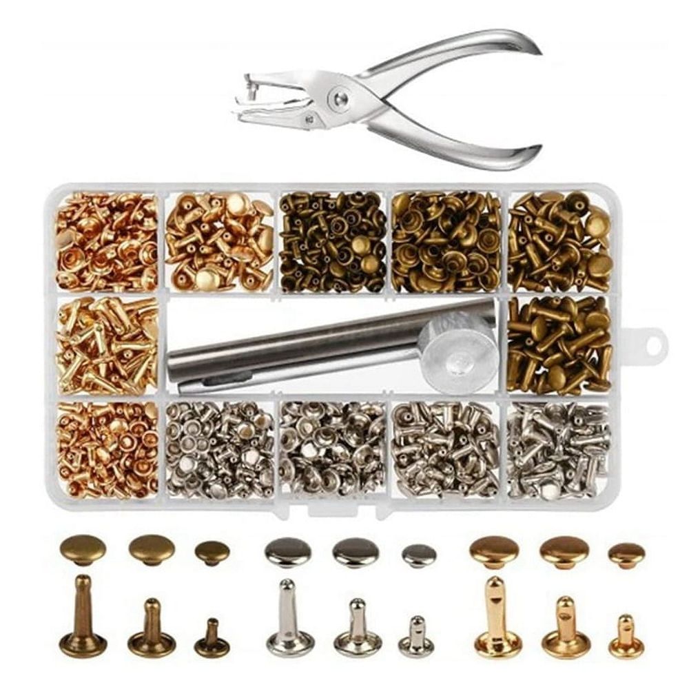 300 Sets Double Cap Rivets for Leather Craft, 3 Sizes 3 Colors Copper Rivets with 4 Setting Tools, DIY Tubular Studs for Belts Bags Shoes Jeans Clothing Repair Kit