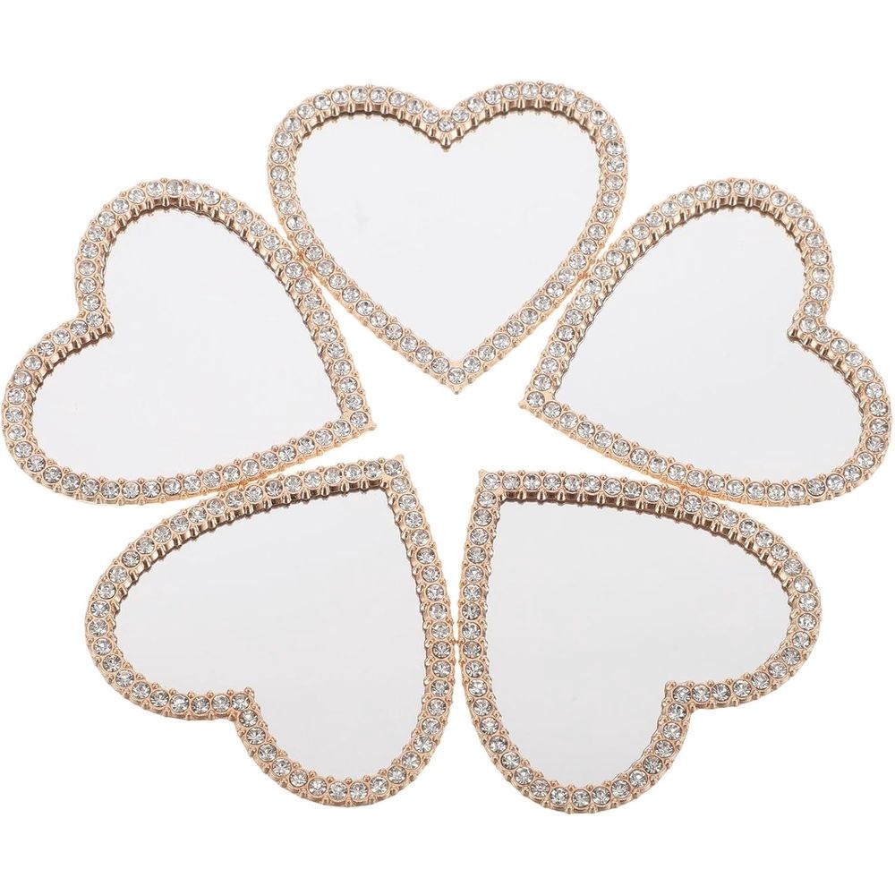 5pcs Heart Shaped Mini Hand Mirror with Rhinestone Glass, Compact Alloy Purse Mirror for Office and Travel Use