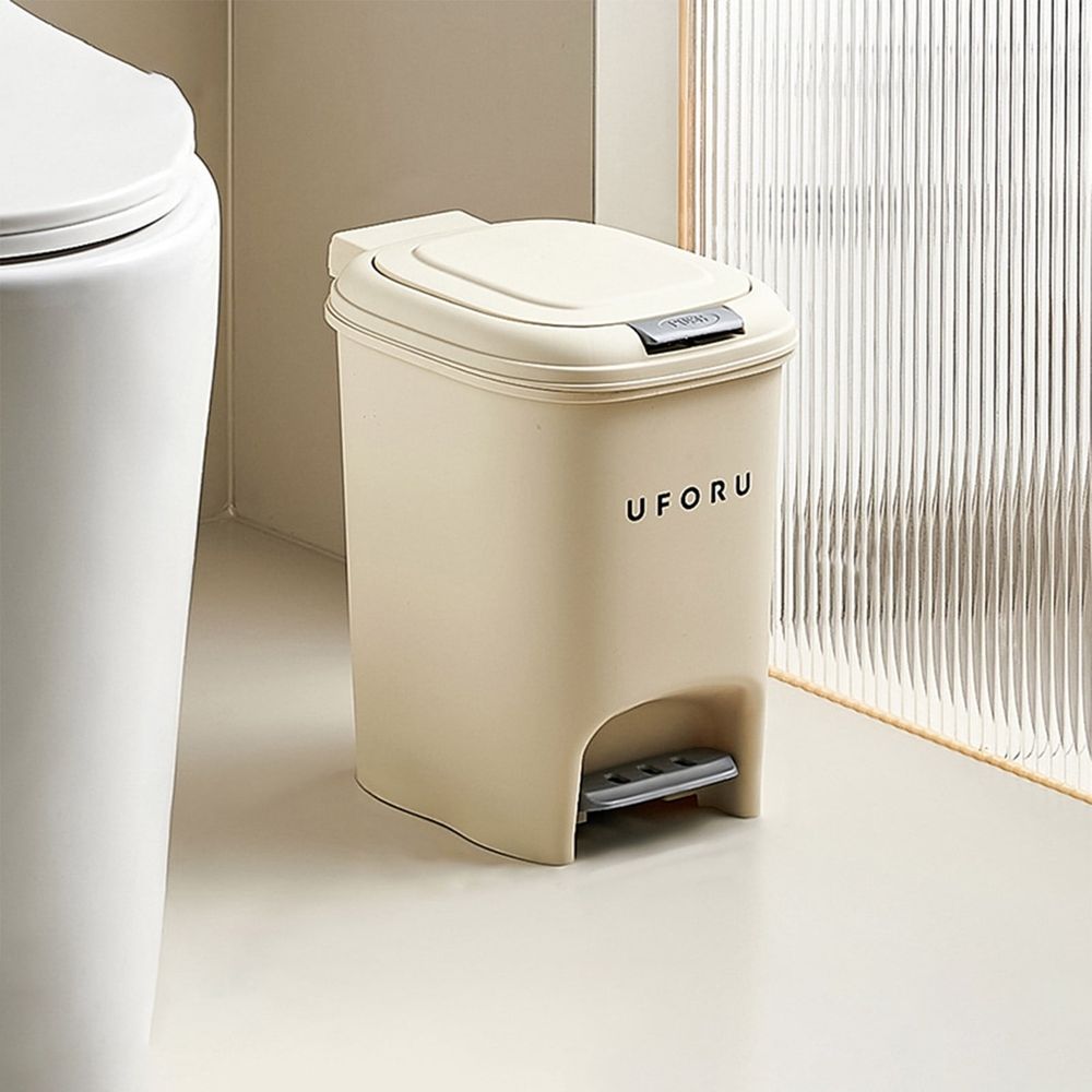 Kitchen Trash Can, Plastic Waste Bin with Odor Protection of Lid, Auto Trash Can with Hands Push Button and Step On Foot Pedal, Trash Bin with Garbage Bag Rings, 2 Gallon (Beige)