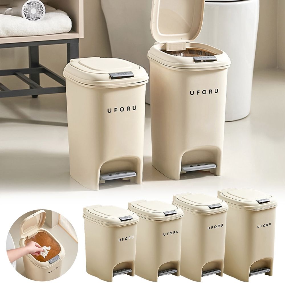 Kitchen Trash Can, Plastic Waste Bin with Odor Protection of Lid, Auto Trash Can with Hands Push Button and Step On Foot Pedal, Trash Bin with Garbage Bag Rings, 2 Gallon (Beige)