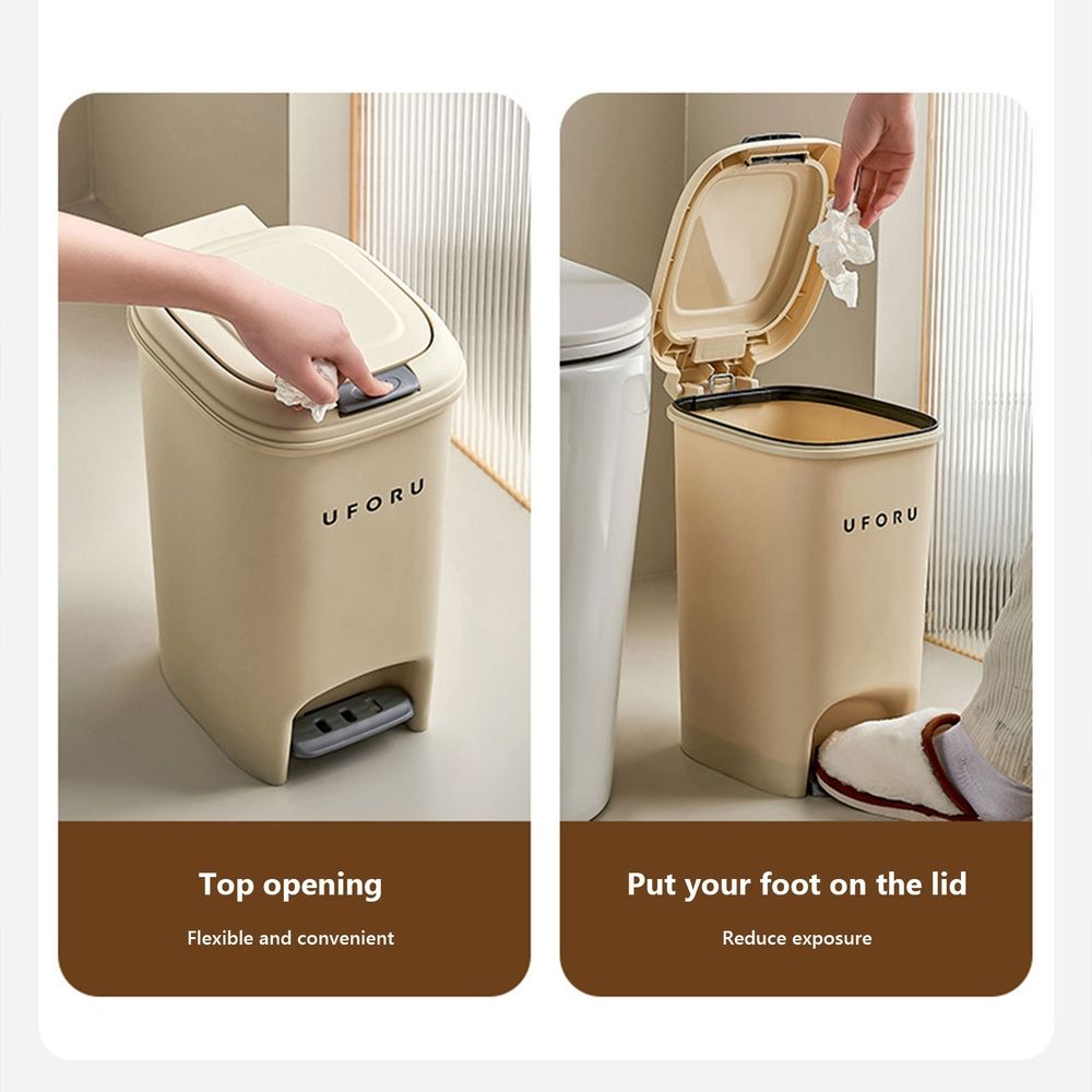 Kitchen Trash Can, Plastic Waste Bin with Odor Protection of Lid, Auto Trash Can with Hands Push Button and Step On Foot Pedal, Trash Bin with Garbage Bag Rings, 2 Gallon (Beige)