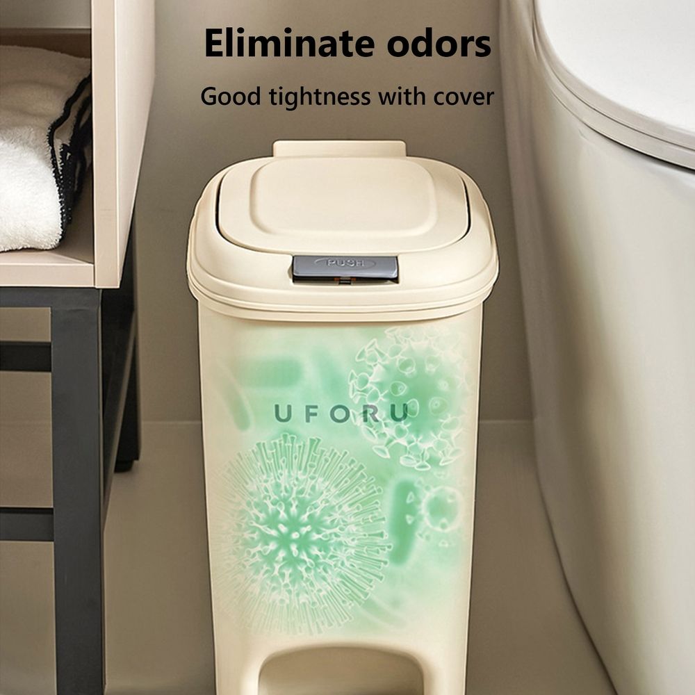 Kitchen Trash Can, Plastic Waste Bin with Odor Protection of Lid, Auto Trash Can with Hands Push Button and Step On Foot Pedal, Trash Bin with Garbage Bag Rings, 2 Gallon (Beige)