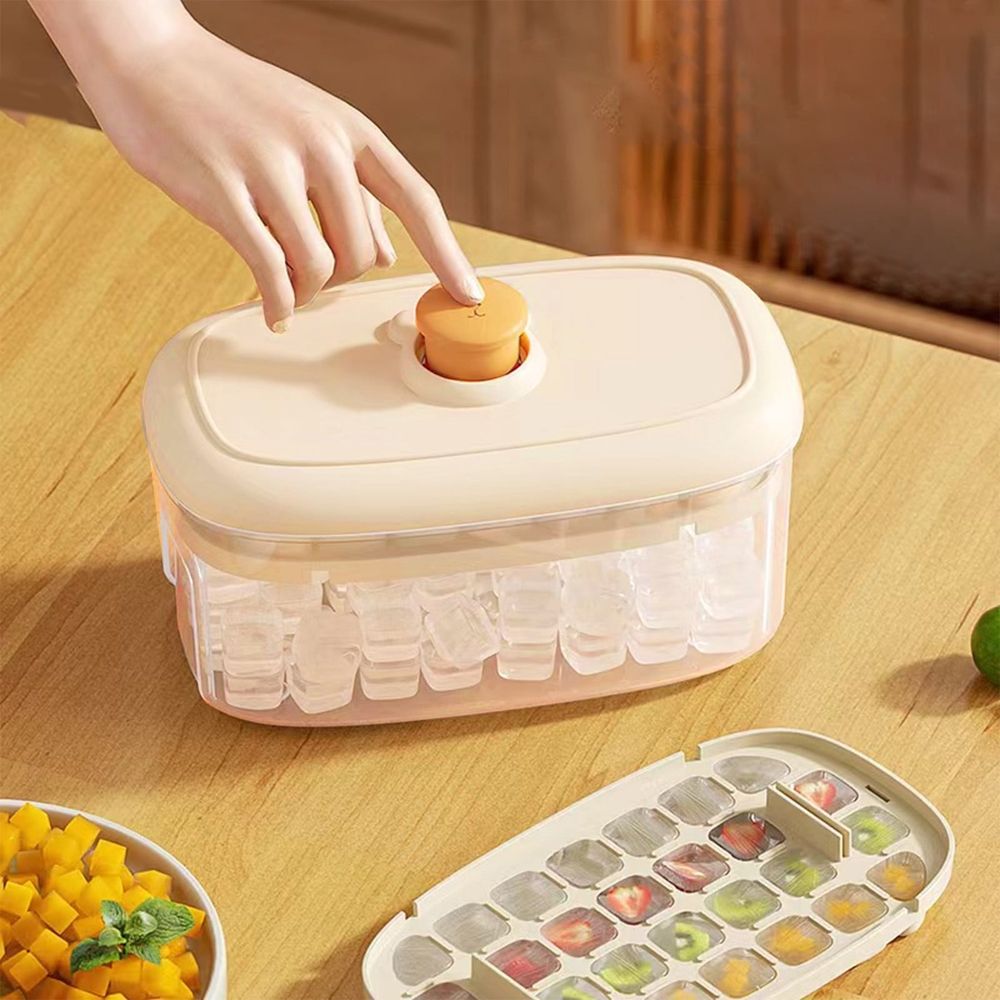 Ice Cube Trays with Lid and Bin, Easy Release Ice Trays for Freezer, Ice Cube Molds, 28 Pcs Ice Cube Tray, Large Capacity Ice Tray Holder, Includes Ice Spoon, for Whiskey, Cocktail (Yellow)