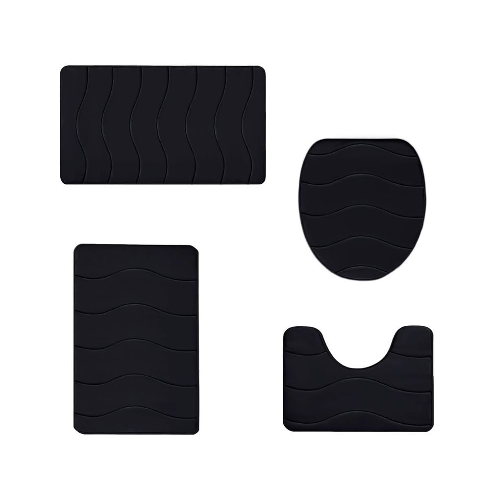 Bathroom Rugs Set 4 Piece, Memory Foam Bath Mat Set, Machine Wash Toilet Rug Set, Strong Water Absorbent Non-Slip Ultra Soft Easy to Clean, Bath Rug Set for Tub Toilet and Floor, Black