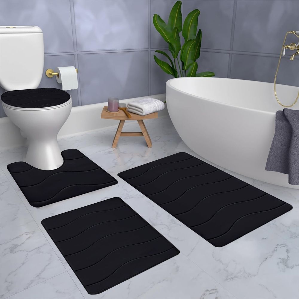 Bathroom Rugs Set 4 Piece, Memory Foam Bath Mat Set, Machine Wash Toilet Rug Set, Strong Water Absorbent Non-Slip Ultra Soft Easy to Clean, Bath Rug Set for Tub Toilet and Floor, Black