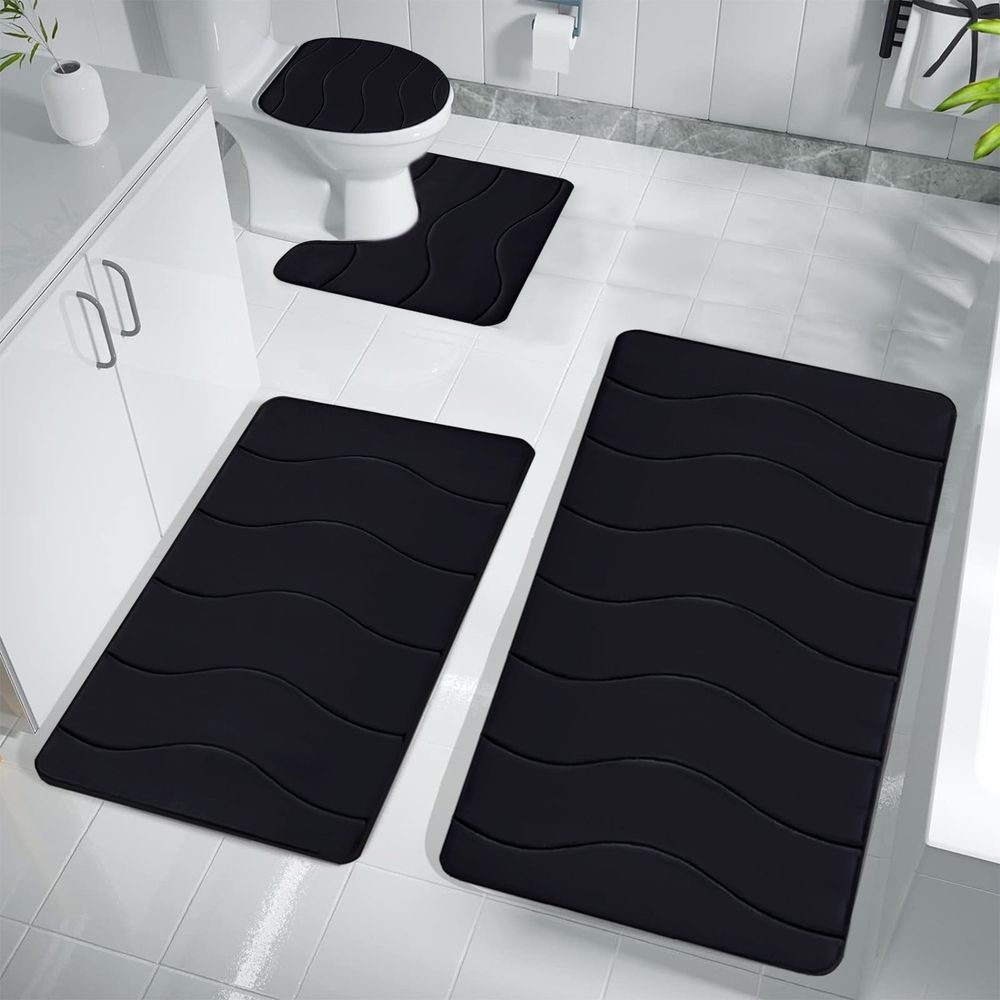 Bathroom Rugs Set 4 Piece, Memory Foam Bath Mat Set, Machine Wash Toilet Rug Set, Strong Water Absorbent Non-Slip Ultra Soft Easy to Clean, Bath Rug Set for Tub Toilet and Floor, Black