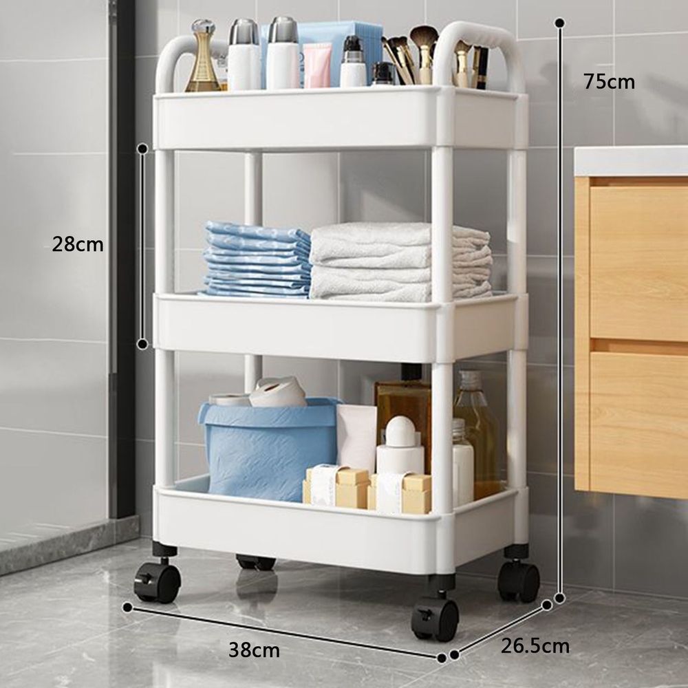 3-Tier Plastic Rolling Utility Cart with Handle, Multi-Functional Storage Trolley, Movable Storage Organizer with Lockable Wheels, Suitable for Office Living Room Bathroom Kitchen, White