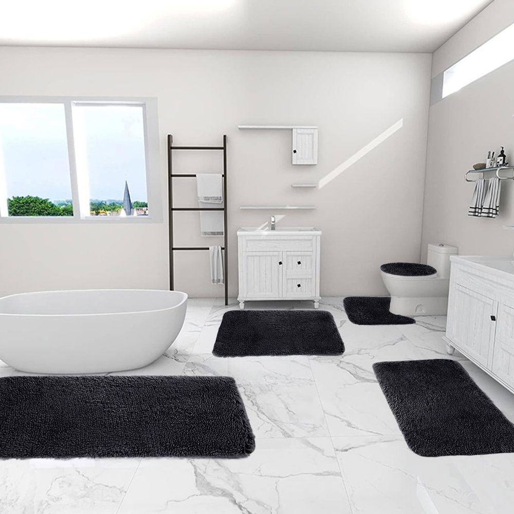 Bathroom Rug Sets 5 Piece Non Slip, Super Soft & Comfortable, Toilet Lid Cover and Contour Mat, Bath Mats Shower Mats Bath Rug Mat, Suitable for Tub Toilet Bathroom, Brown