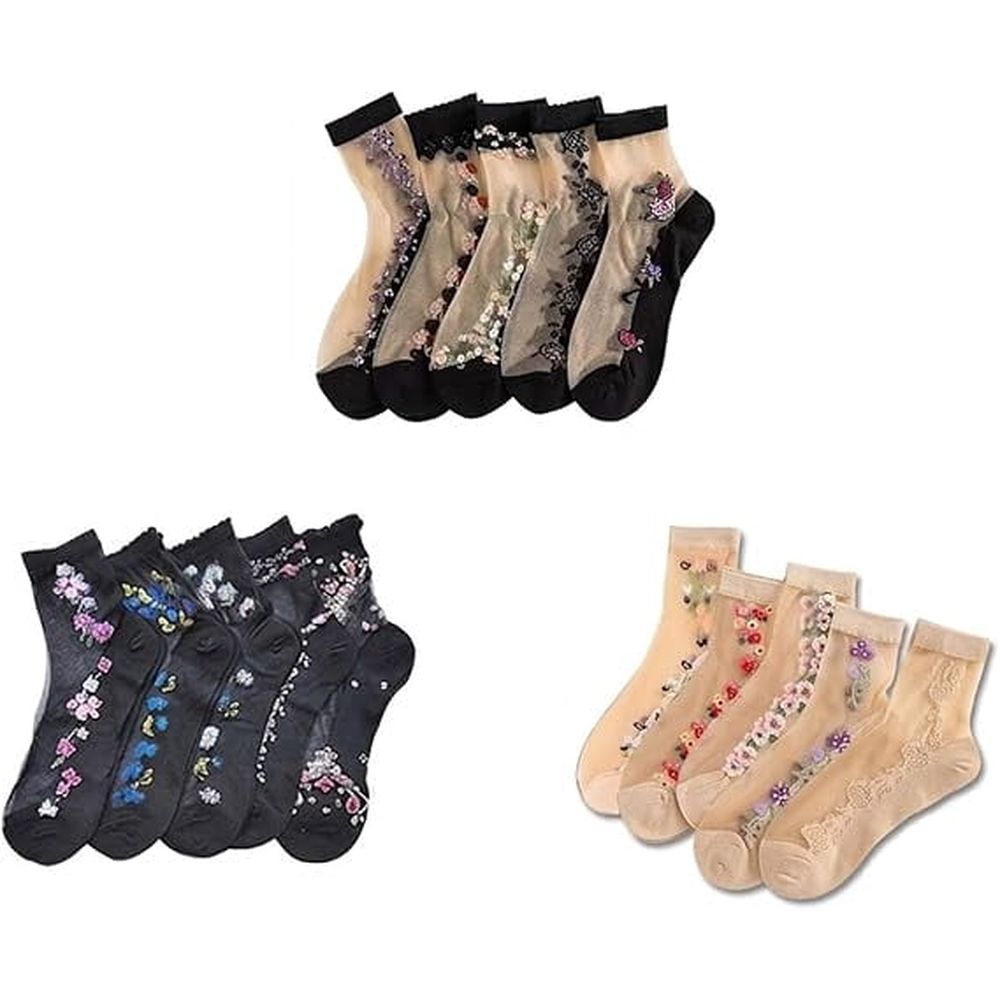 15 PAIR Women's Sheer Floral Socks - Transparent Mesh Glass Silk Crew Socks, Cute Breathable Dress Socks for Girls