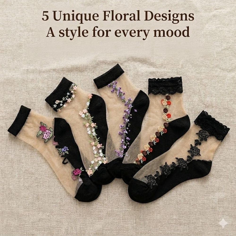 15 PAIR Women's Sheer Floral Socks - Transparent Mesh Glass Silk Crew Socks, Cute Breathable Dress Socks for Girls