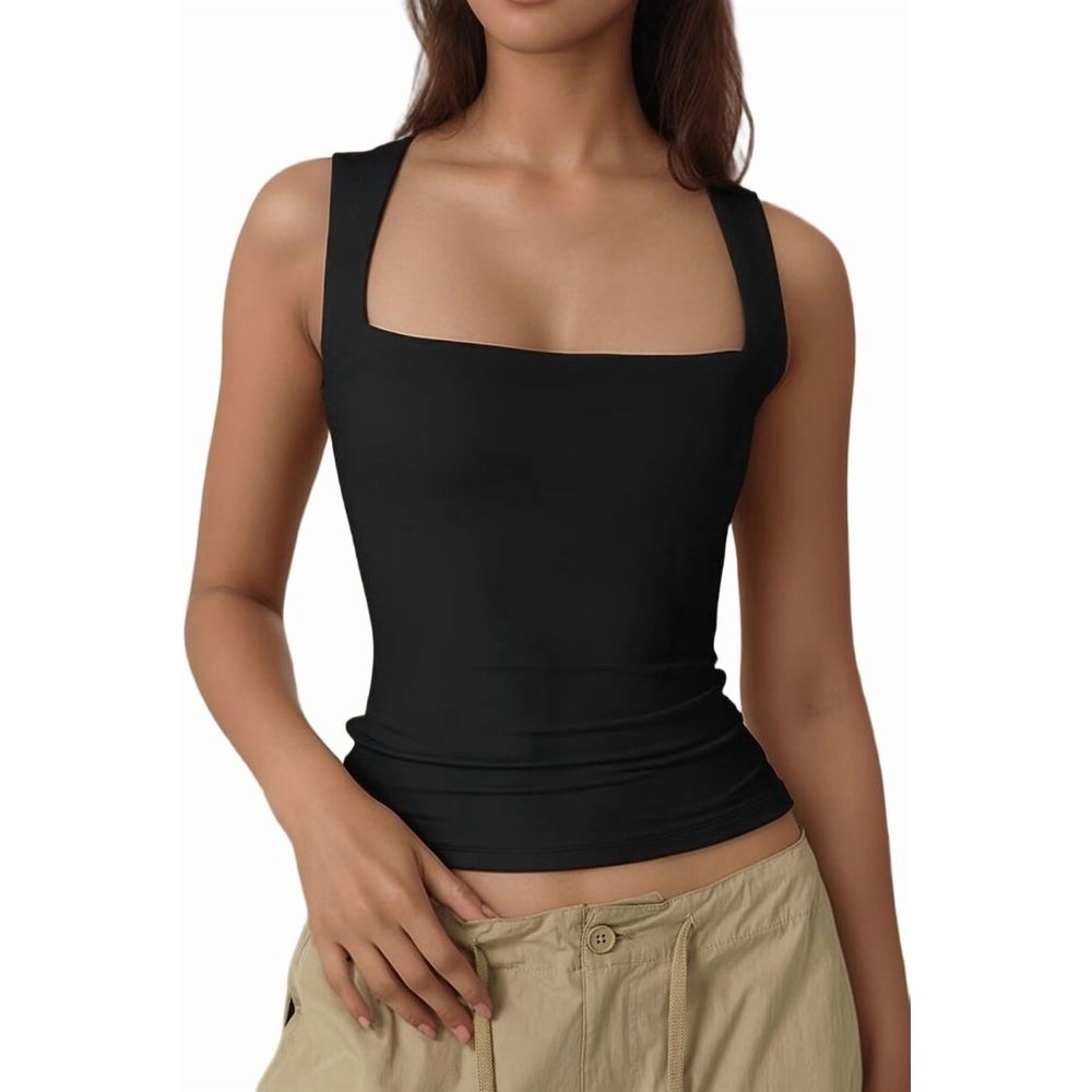 Women'S Square Neck Sleeveless Tank Tops Basic Tight T-Shirts Black S