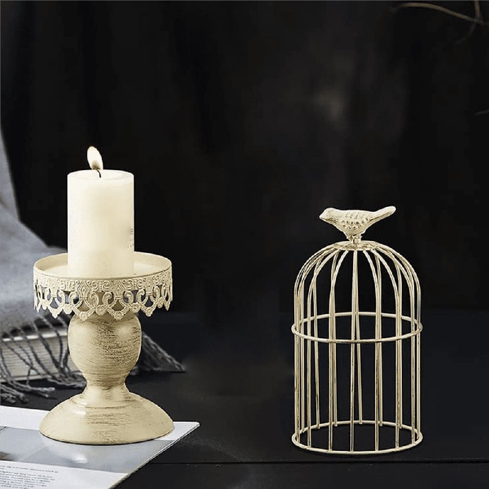 2X Vintage Bird Cage Candle Holder Wedding Table Decoration Props Wedding Decoration Metal Iron Candle Holder,White,S