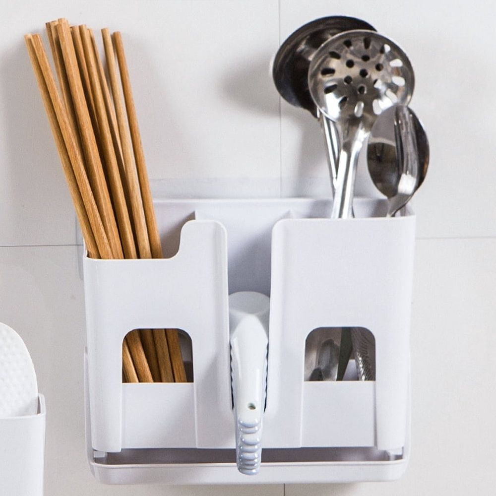 White Chopstick Holder Drying Rack with 3 Sections, Easy No-Drill Installation, Kitchen Utensil and Cutlery Organizer