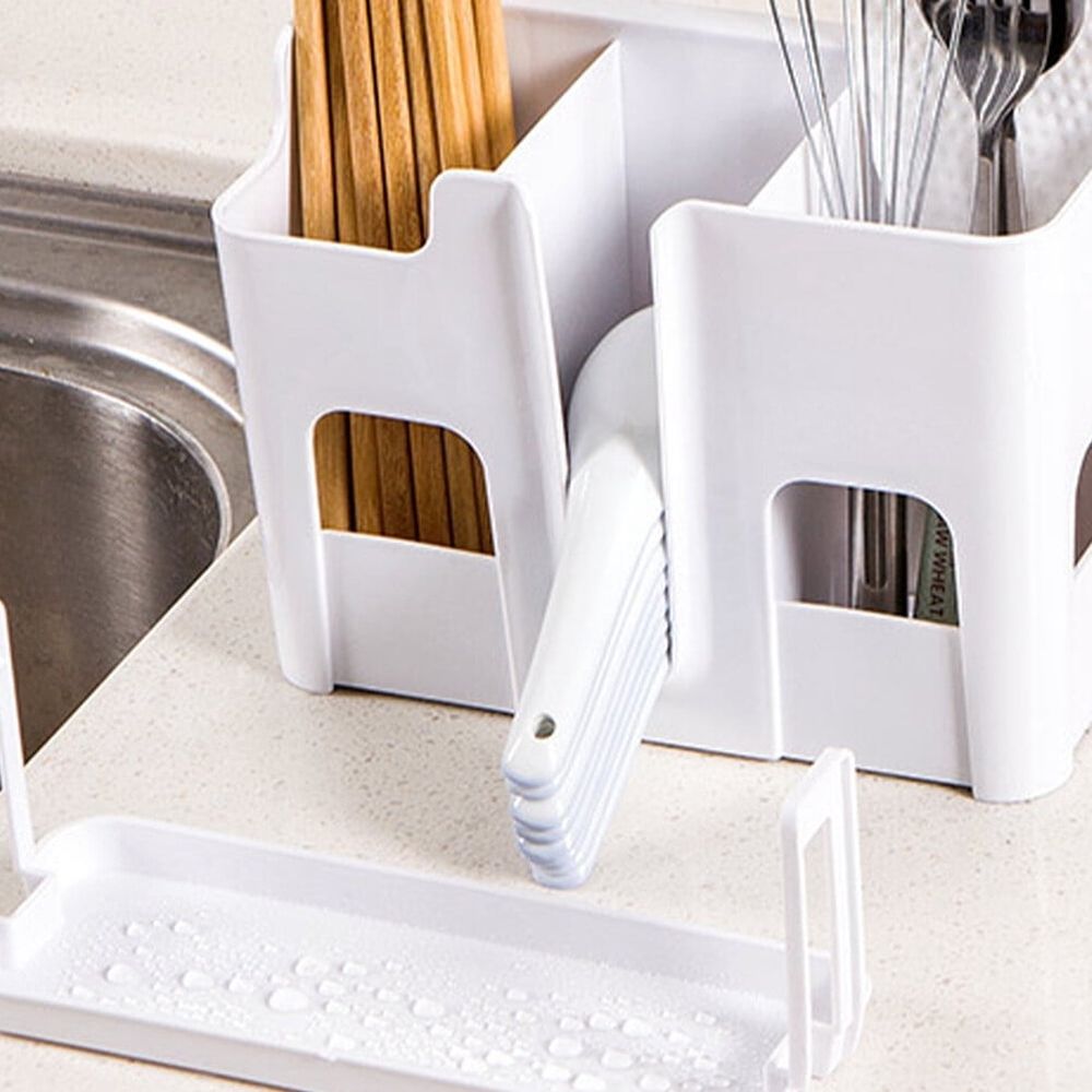White Chopstick Holder Drying Rack with 3 Sections, Easy No-Drill Installation, Kitchen Utensil and Cutlery Organizer