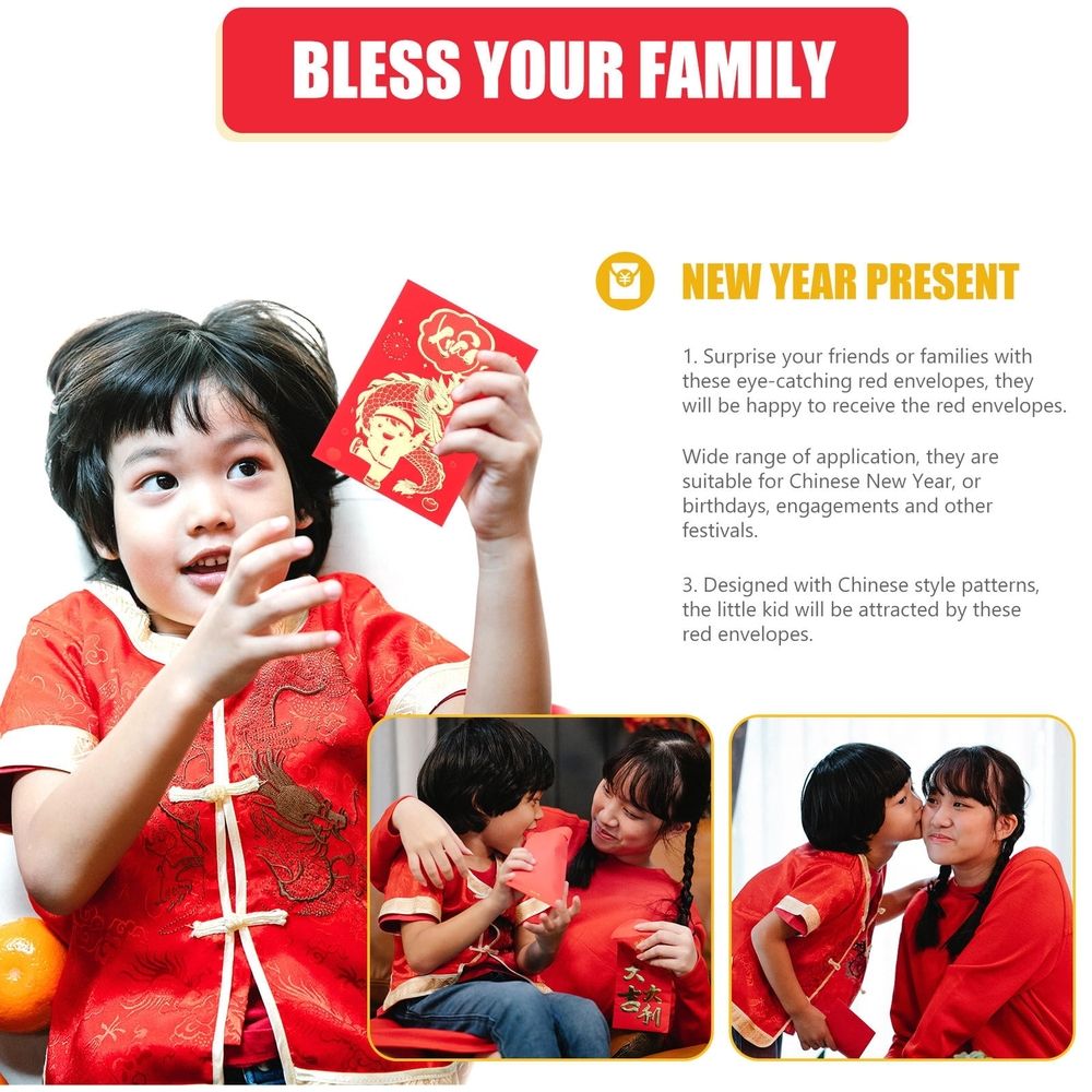 12Pcs Creative Red Envelopes with Year of Dragon Pattern for New Year Celebration