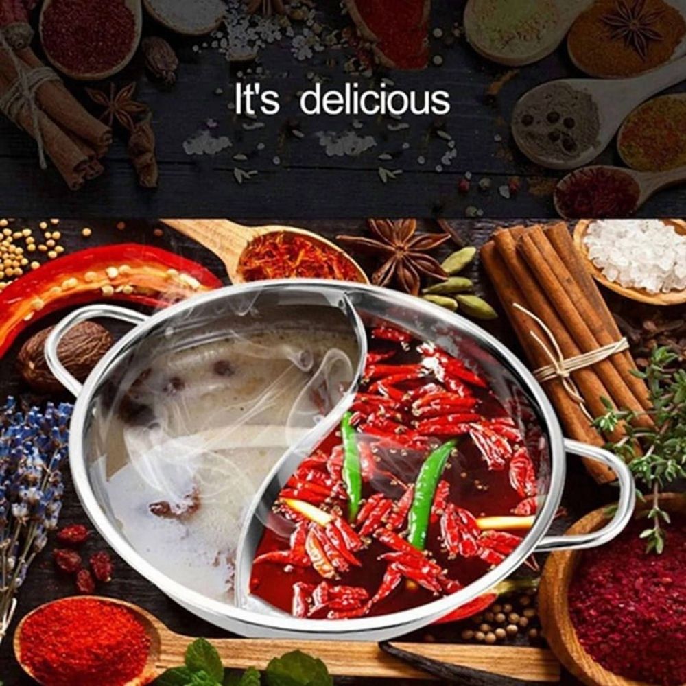 2X Stainless Steel Twin Divided Double Hotpot Cooker Gas Stove Compatible Pot Home Cookware Soup Cooking Pot,32cm