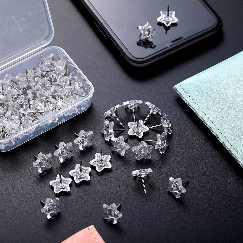 200 Pieces Star Shaped Push Pins Plastic Clear Thumb Tacks with Box for Cork Board Steel Point Decorative