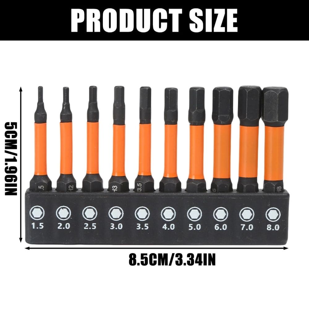 10Pcs Impact Hex Head Allen Wrenches Drill Bit Set 1/4inch Impact Hex Shank Steel Hex Bit Set Allen Key Screwdriver Bit