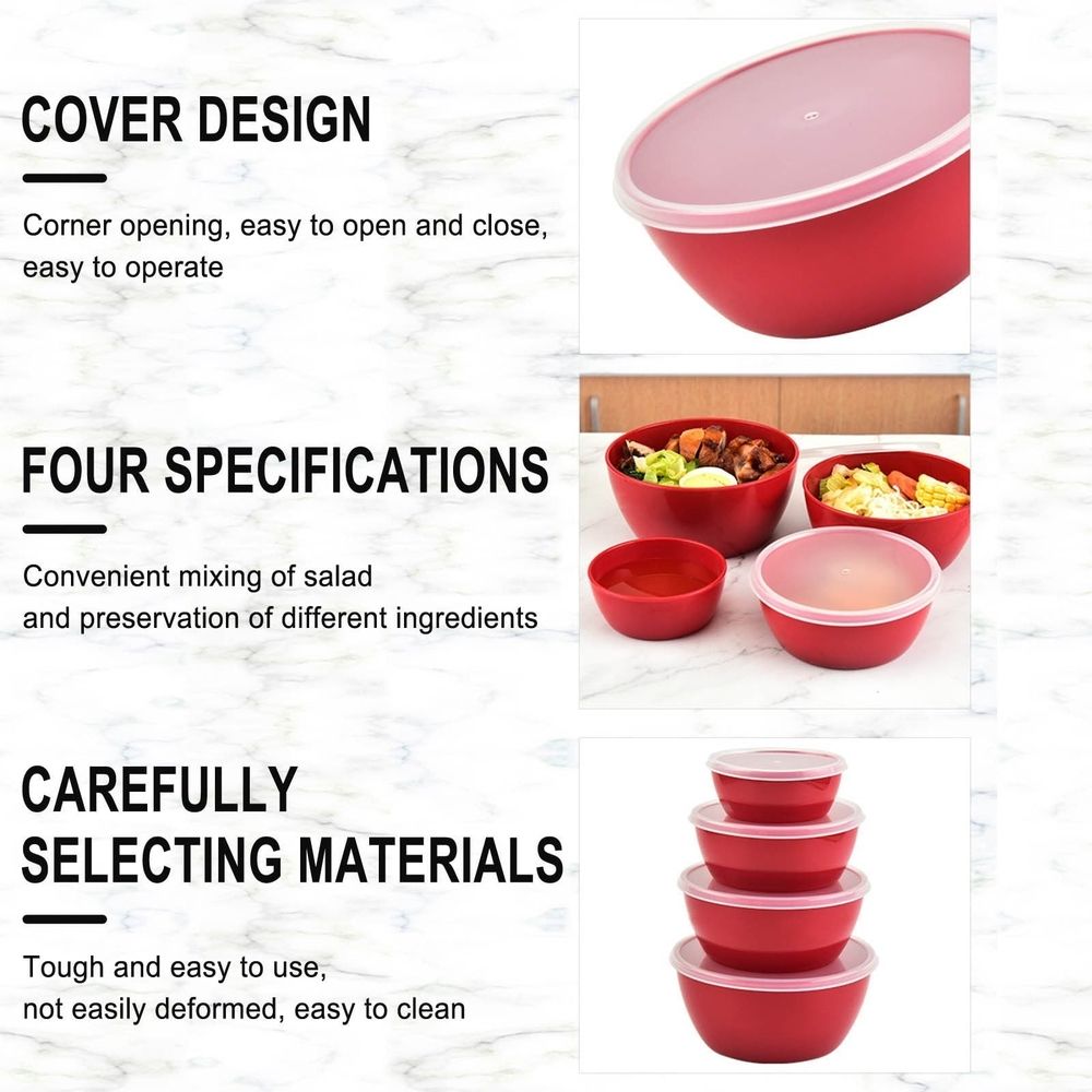 4-Piece Plastic Prep Bowls with Lids, Nesting Plastic Small Mixing Bowl Set for Mixing, Baking, Prepping, Cooking and Serving Food, Microwave and Dishwasher Safe