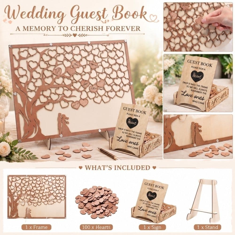 Heart Shaped Wedding Guest Book Alternative Wooden Message Board with Stand Beige