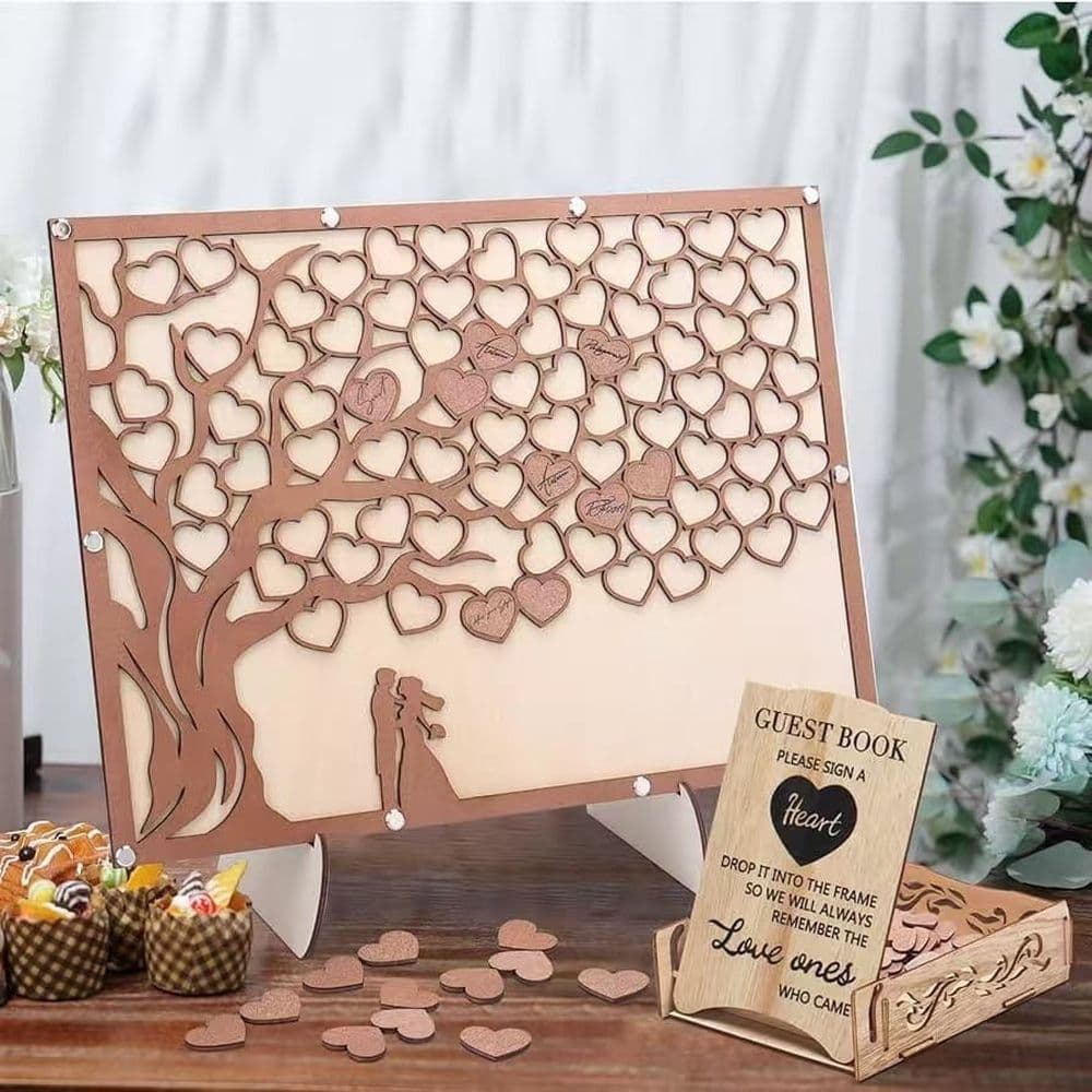 Heart Shaped Wedding Guest Book Alternative Wooden Message Board with Stand Beige