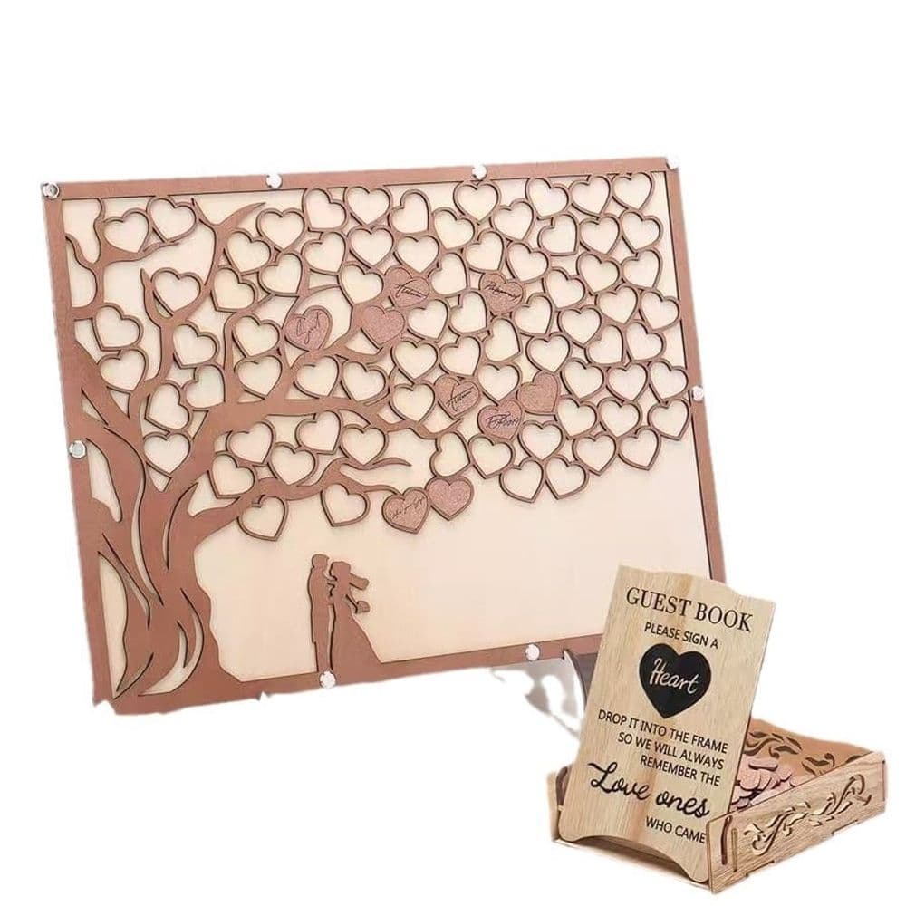 Heart Shaped Wedding Guest Book Alternative Wooden Message Board with Stand Beige