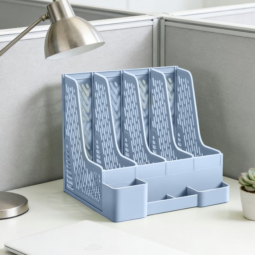 4-Tier Desk File Organizer Multi-Compartment Document Storage Rack Space Saving Desktop Organizer Blue