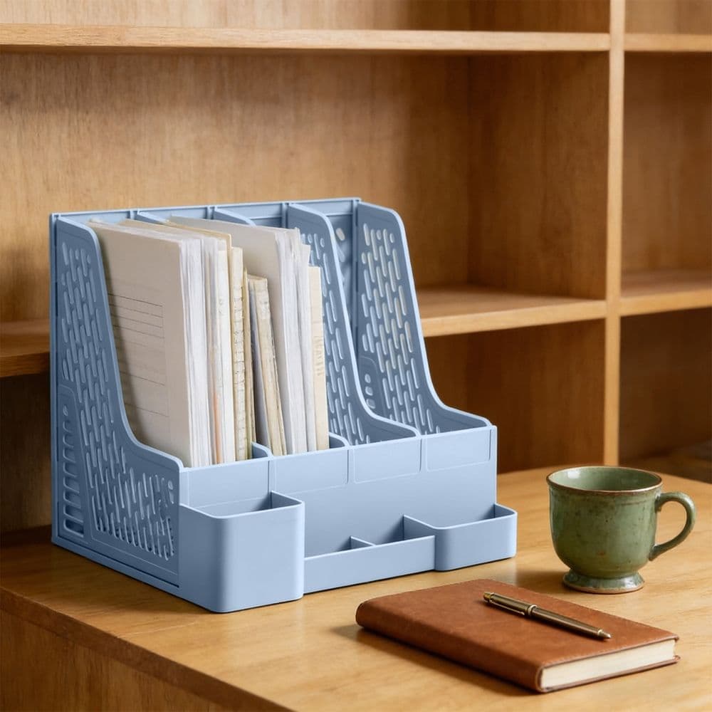 4-Tier Desk File Organizer Multi-Compartment Document Storage Rack Space Saving Desktop Organizer Blue