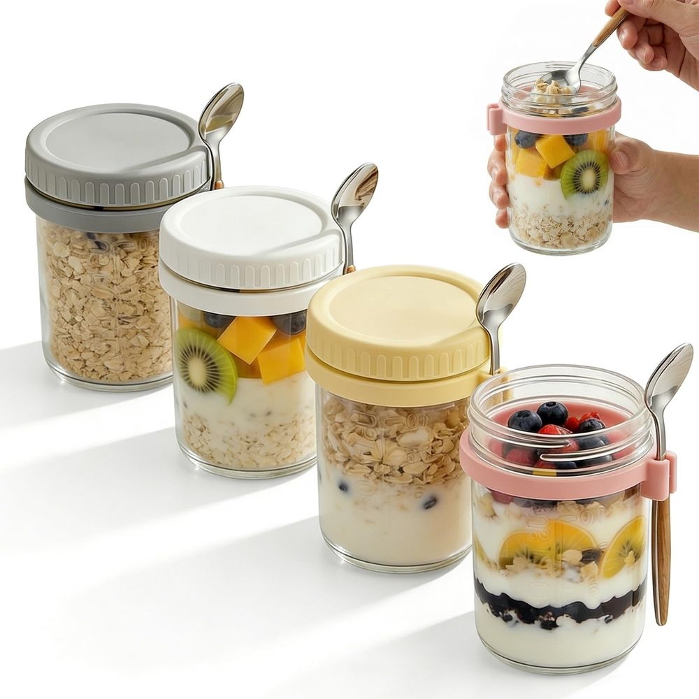 Leakproof Glass Oats Containers, Breakfast Jars with Lids and Spoon, Ideal for Meal Prep, Perfect for Yogurt and Chia Pudding, Great for Daily Use and On-the-Go Meals
