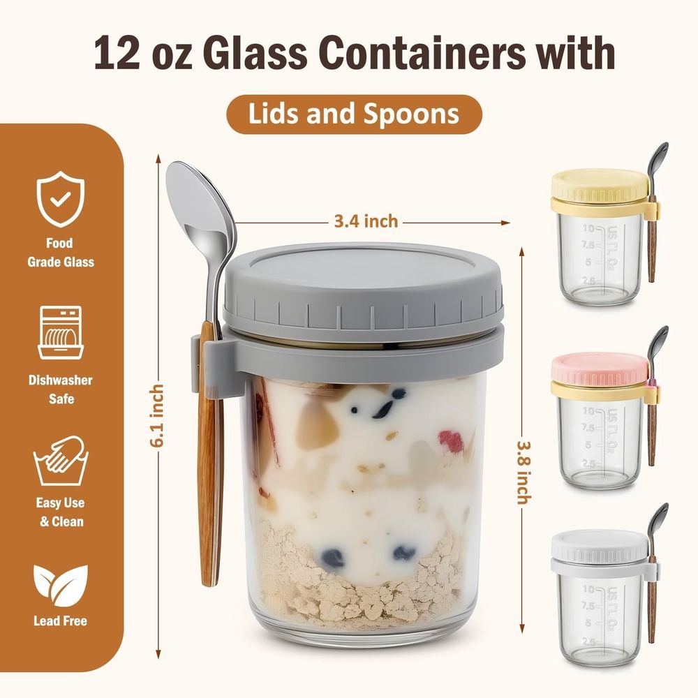 Leakproof Glass Oats Containers, Breakfast Jars with Lids and Spoon, Ideal for Meal Prep, Perfect for Yogurt and Chia Pudding, Great for Daily Use and On-the-Go Meals