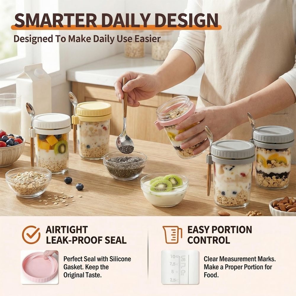 Leakproof Glass Oats Containers, Breakfast Jars with Lids and Spoon, Ideal for Meal Prep, Perfect for Yogurt and Chia Pudding, Great for Daily Use and On-the-Go Meals