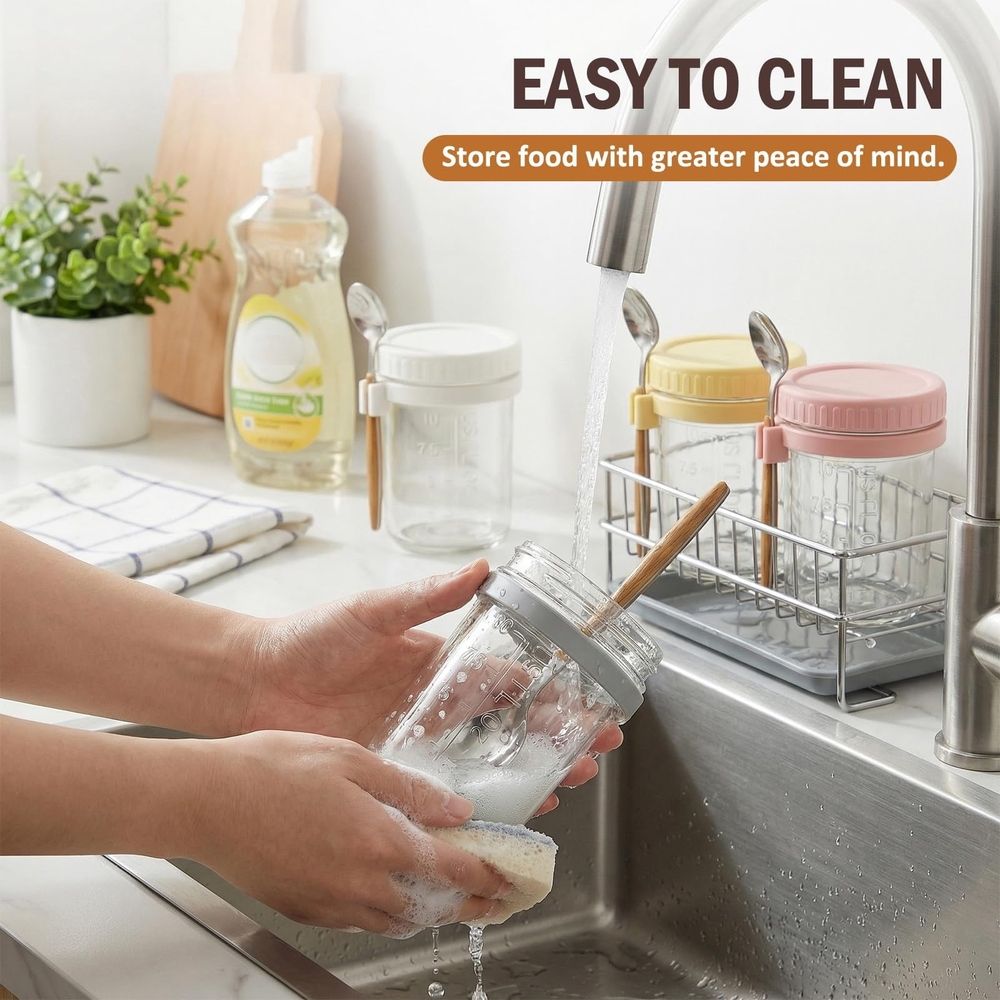 Leakproof Glass Oats Containers, Breakfast Jars with Lids and Spoon, Ideal for Meal Prep, Perfect for Yogurt and Chia Pudding, Great for Daily Use and On-the-Go Meals