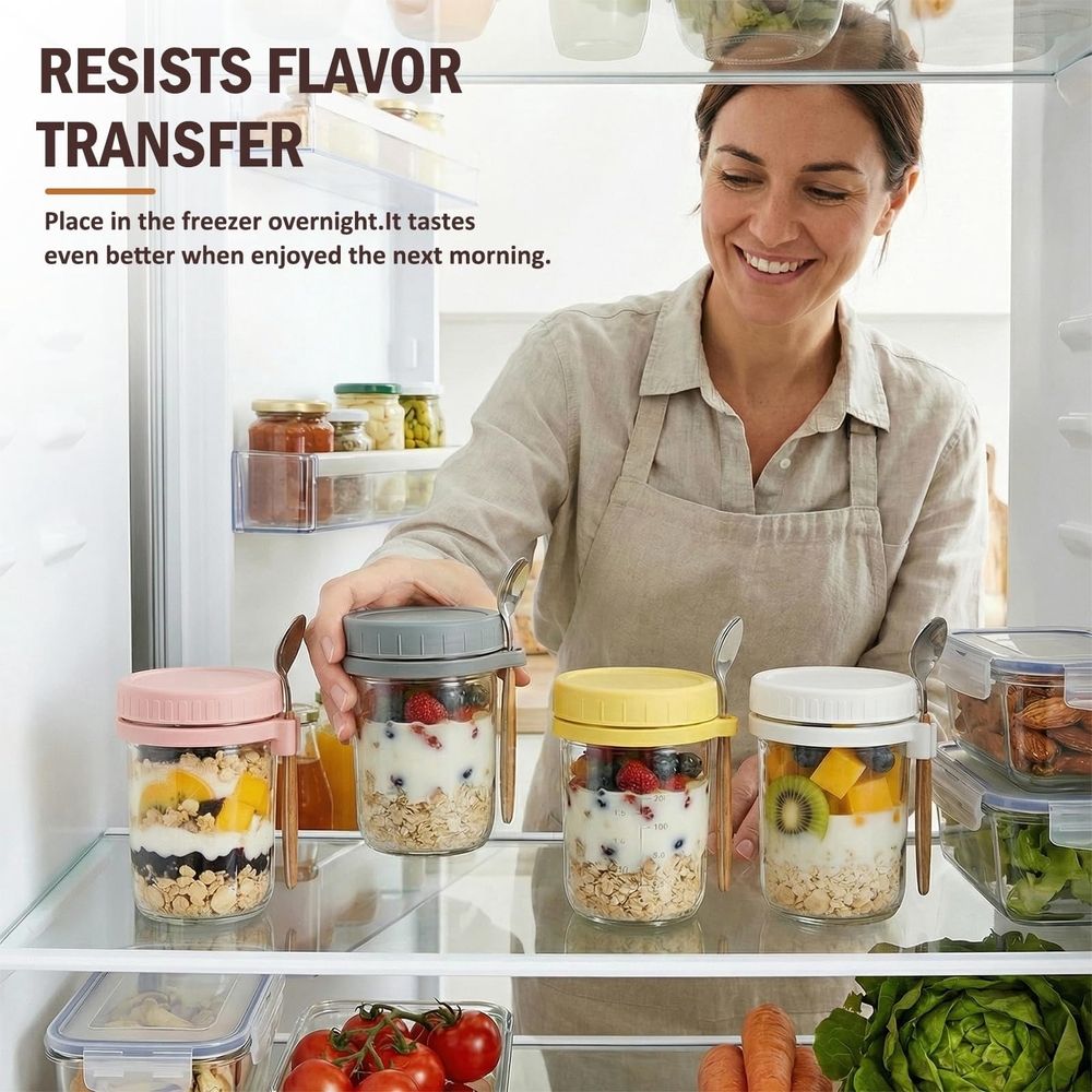 Leakproof Glass Oats Containers, Breakfast Jars with Lids and Spoon, Ideal for Meal Prep, Perfect for Yogurt and Chia Pudding, Great for Daily Use and On-the-Go Meals