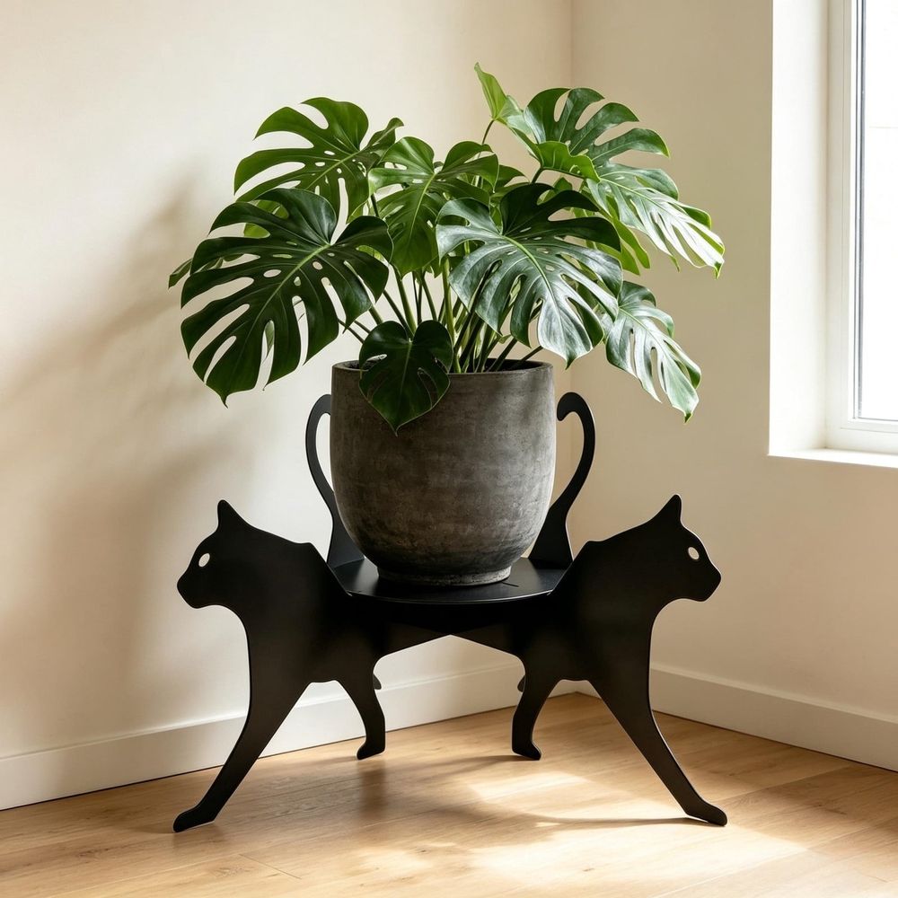 Creative Cat Shaped Metal Plant Stand, Decorative Flower Pot Holder, Space Saving Indoor Outdoor Greenery Display Rack, Perfect Home Patio Living Room Organizer,Black