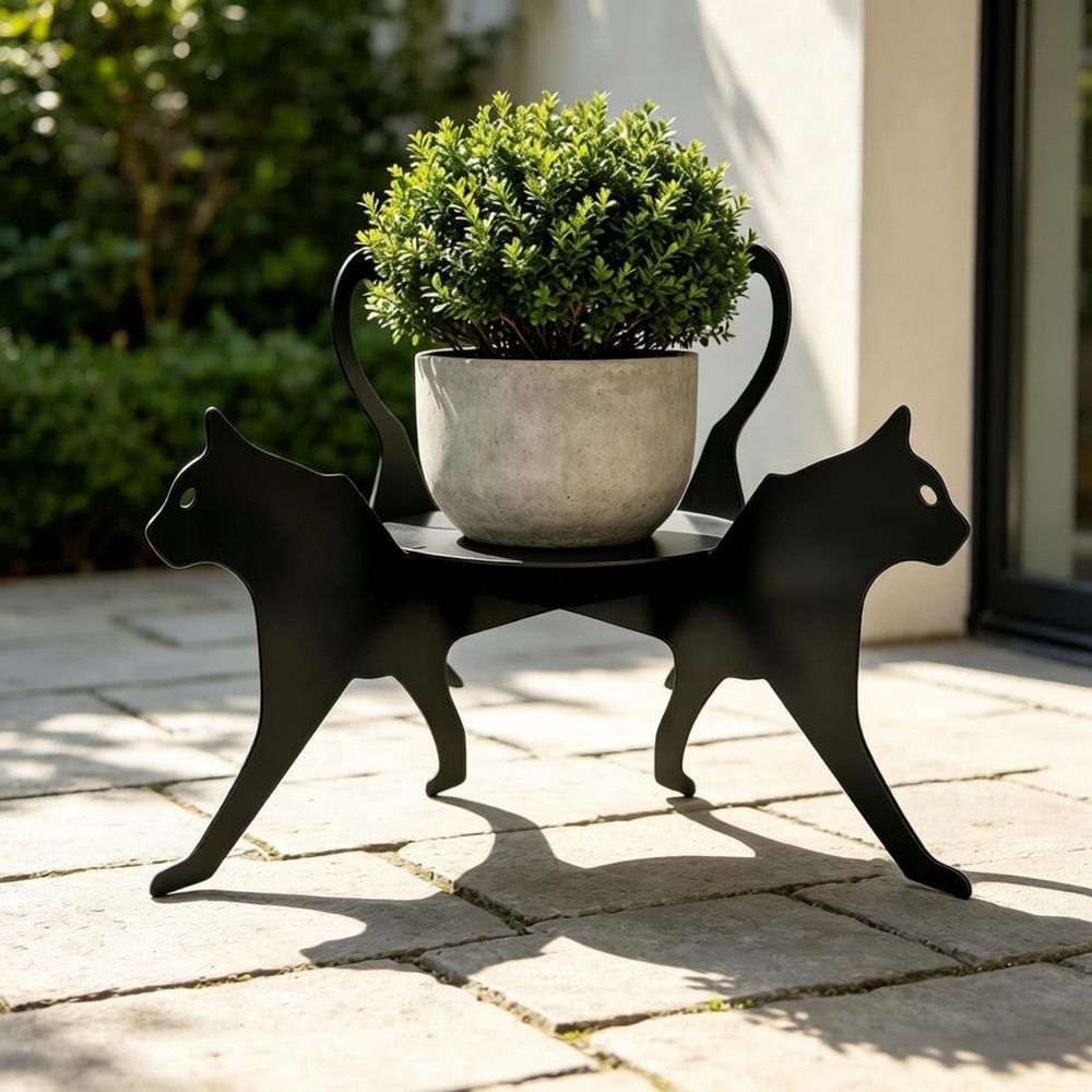 Creative Cat Shaped Metal Plant Stand, Decorative Flower Pot Holder, Space Saving Indoor Outdoor Greenery Display Rack, Perfect Home Patio Living Room Organizer,Black